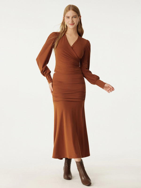 2Pcs Set Tencel Surplice Puff Sleeves Top & Ruched Flare Skirt